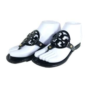 Tory Burch Miller Women's US 6? Black Patent Leather Slip On Flat Thong Sandals